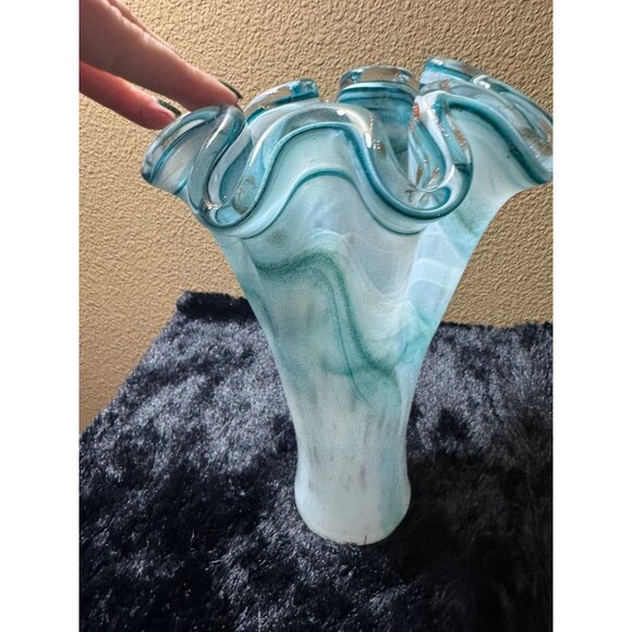 Art Glass Vase Aqua White And Gold Specks Swirl Design Ruffled Edge 10"Tall - Picture 2 of 7